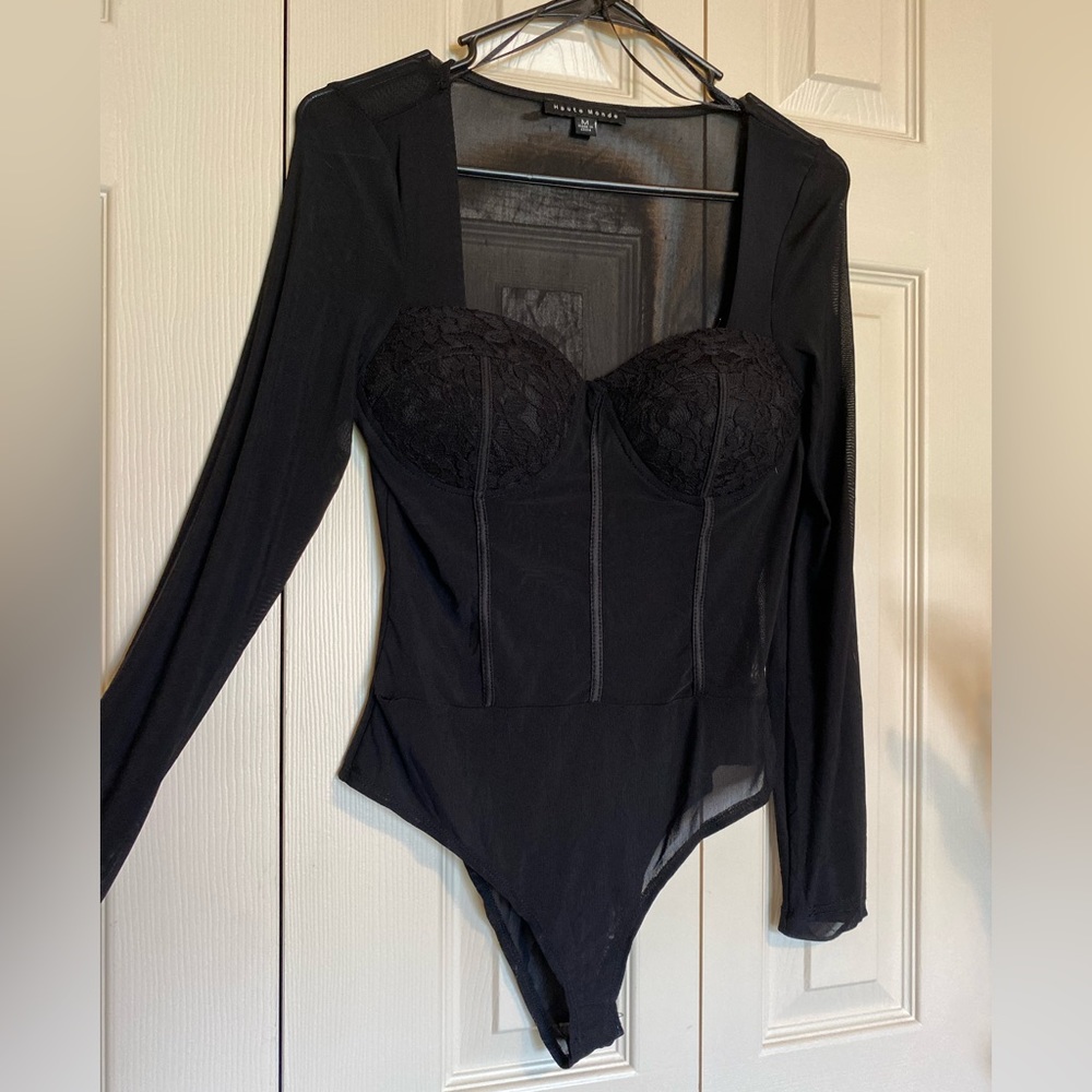Black long sleeve sheer top bodysuit with corset like bust.